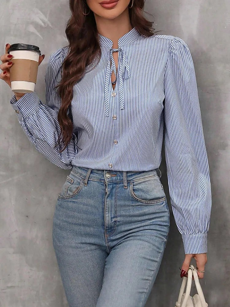 Women's Striped Tie Neck Puff Sleeve Blouse