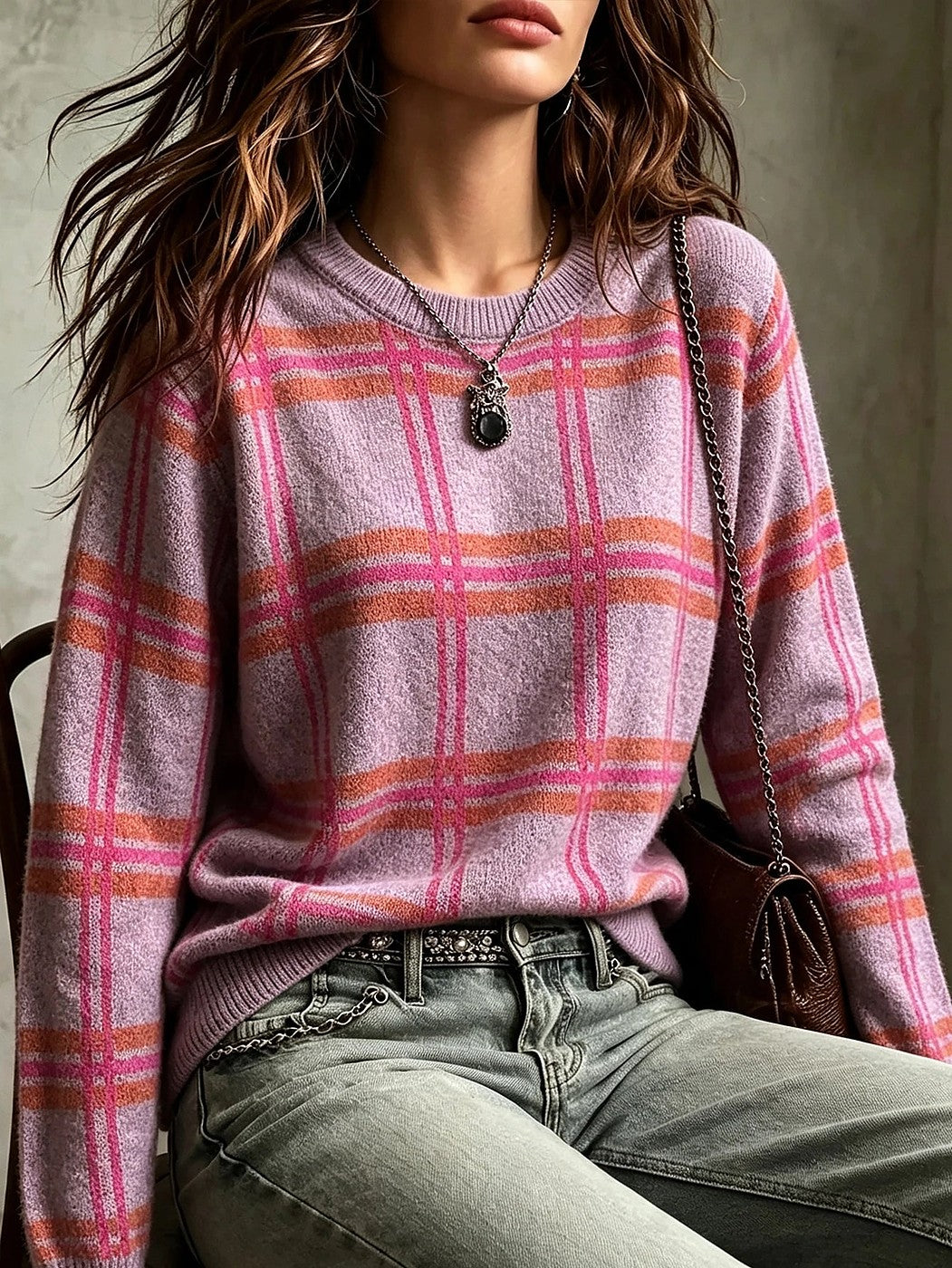Women's Plaid Brushed Knit Winter Sweater