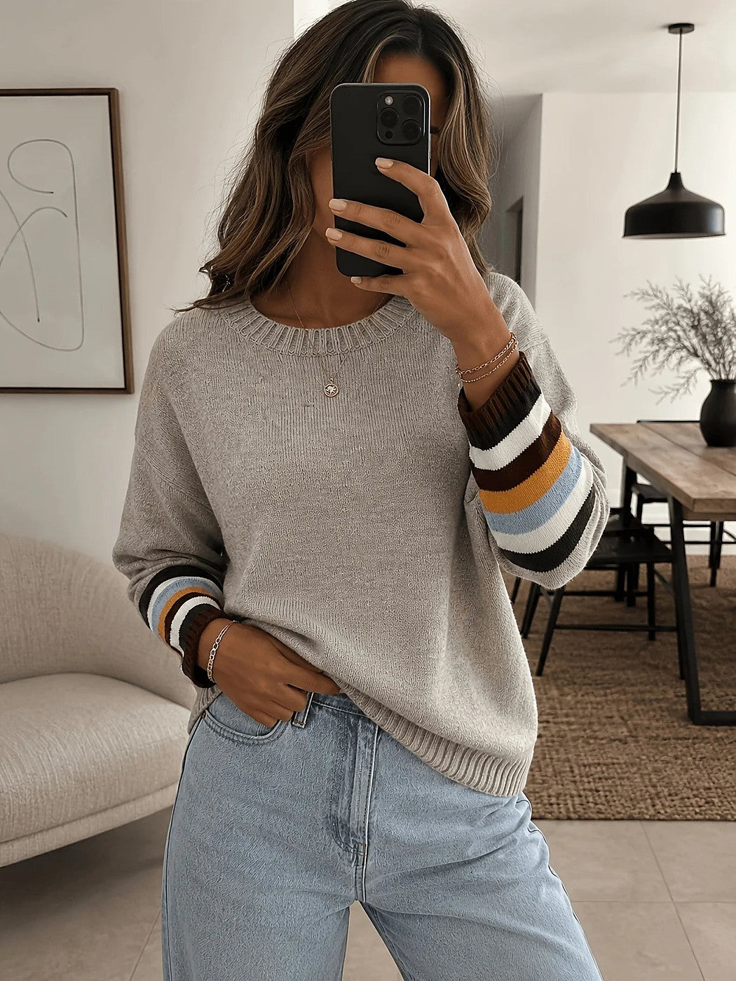 Women's Contrast Stripe Cuff Crewneck Sweater