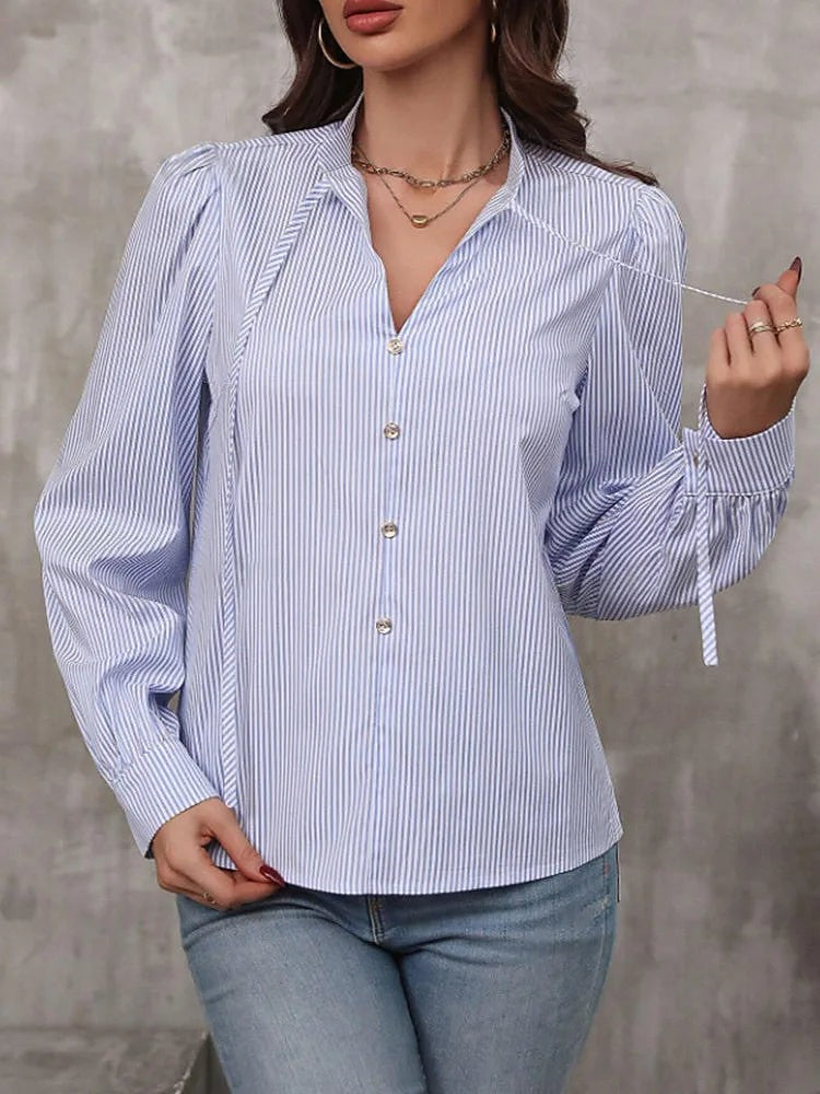 Women's Striped Tie Neck Puff Sleeve Blouse