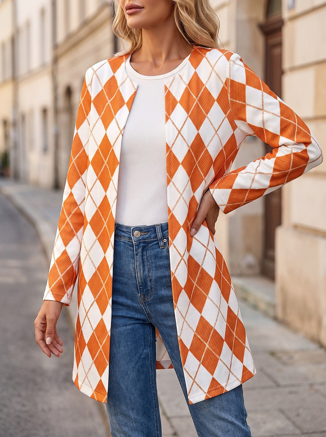 Women's Argyle Print Collarless Open Cardigan