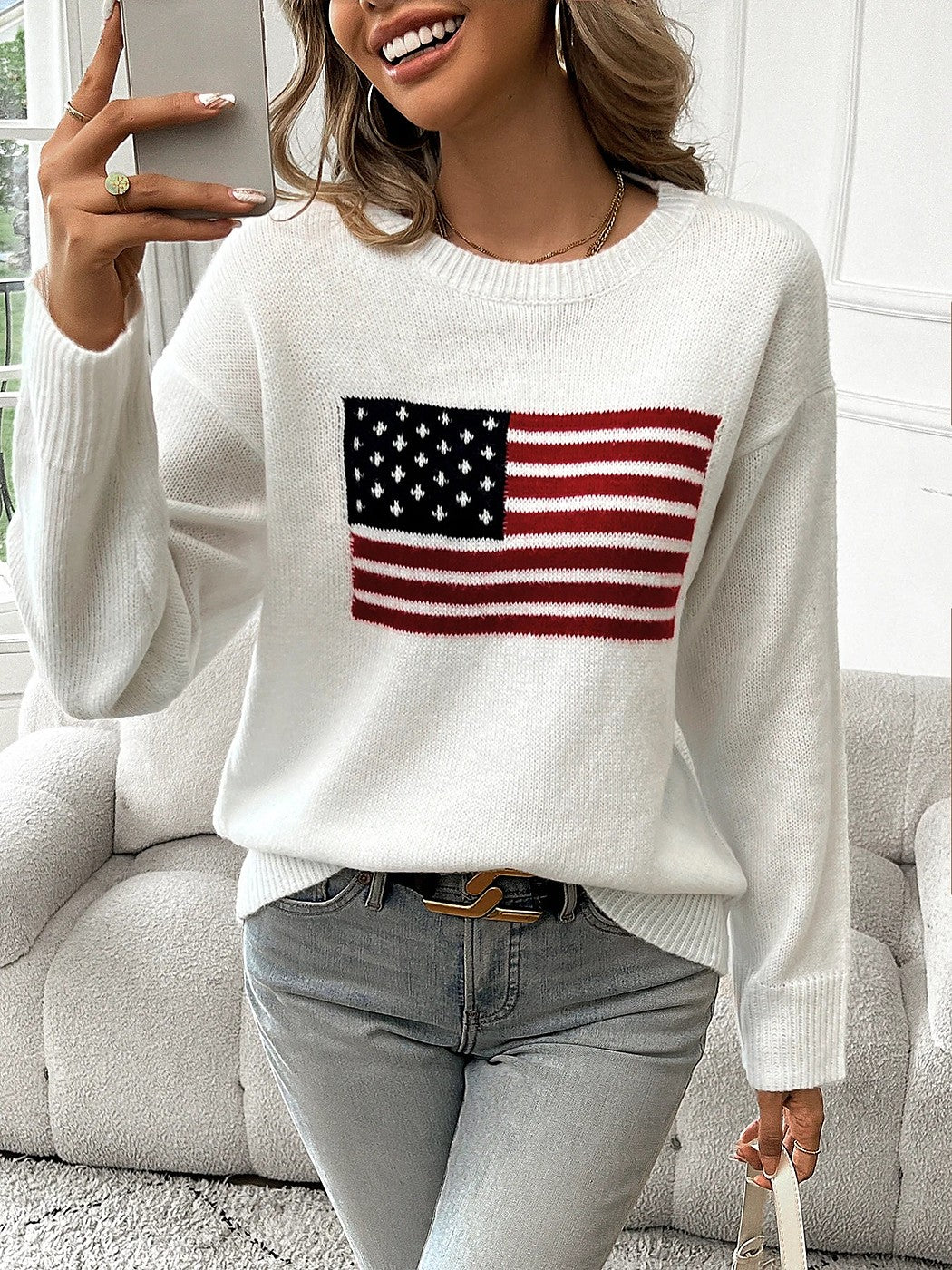 Women's American Flag Crewneck Pullover Sweater
