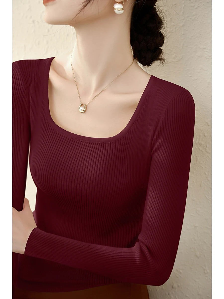 Women's Square Neck Ribbed Long Sleeve Top