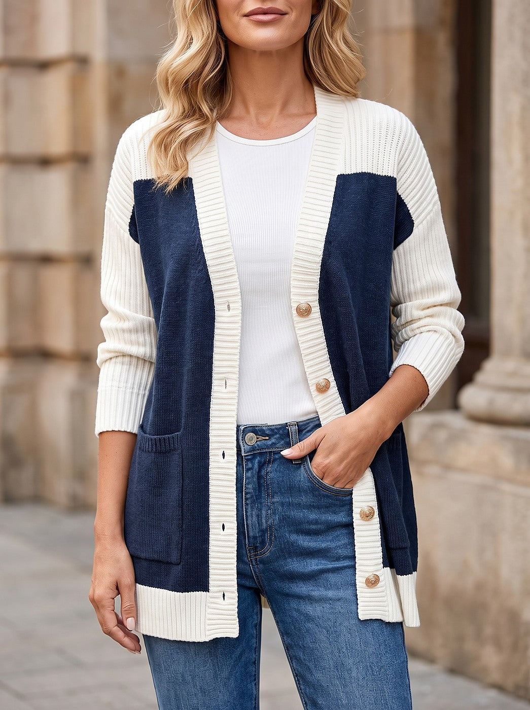 Women's Colorblock Longline Button Front Cardigan