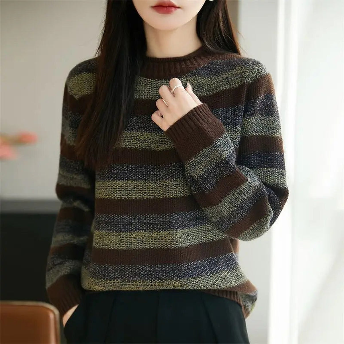 Women's Marled Stripe Loose Fit Fall Sweater