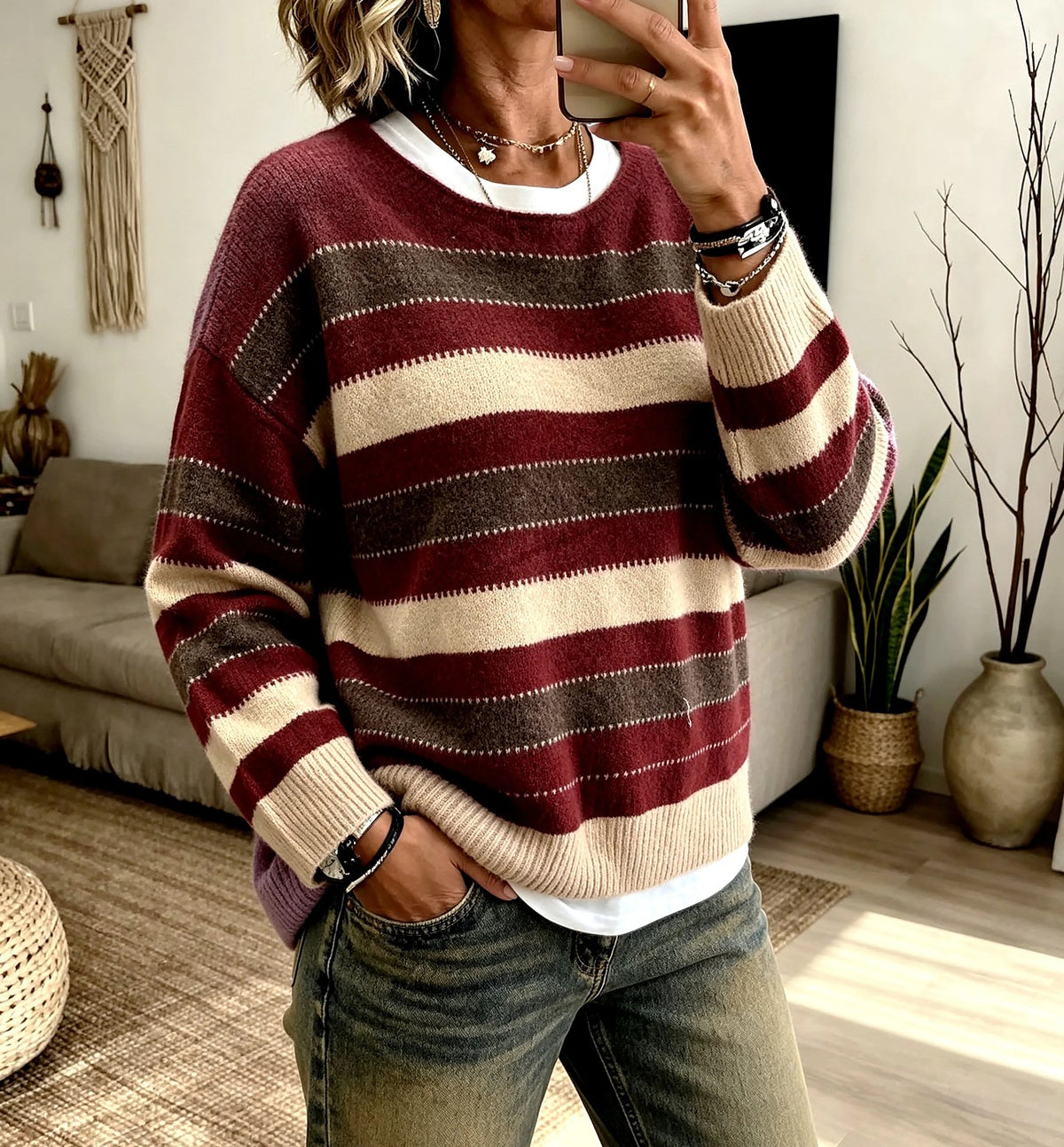 Women's Striped Jacquard Crewneck Drop Shoulder Sweater