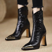 Women's Metal Toe Cap Flare Heel Booties