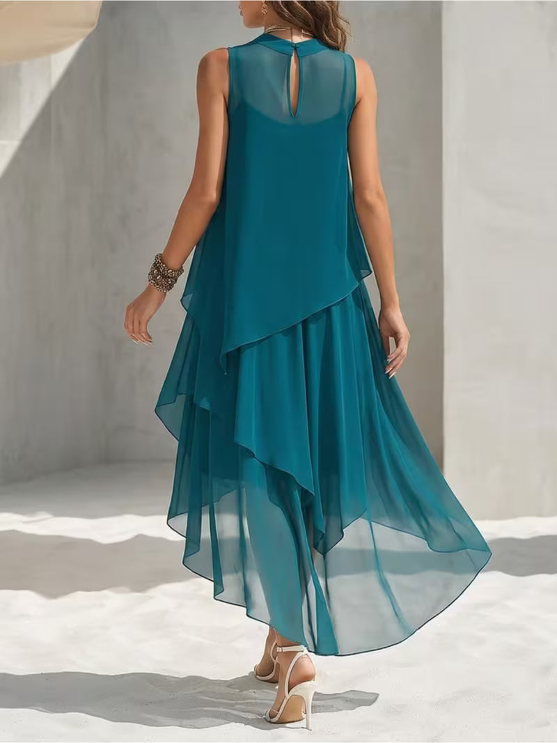 Women's Sleeveless Chiffon Layered High-Low Maxi Dress