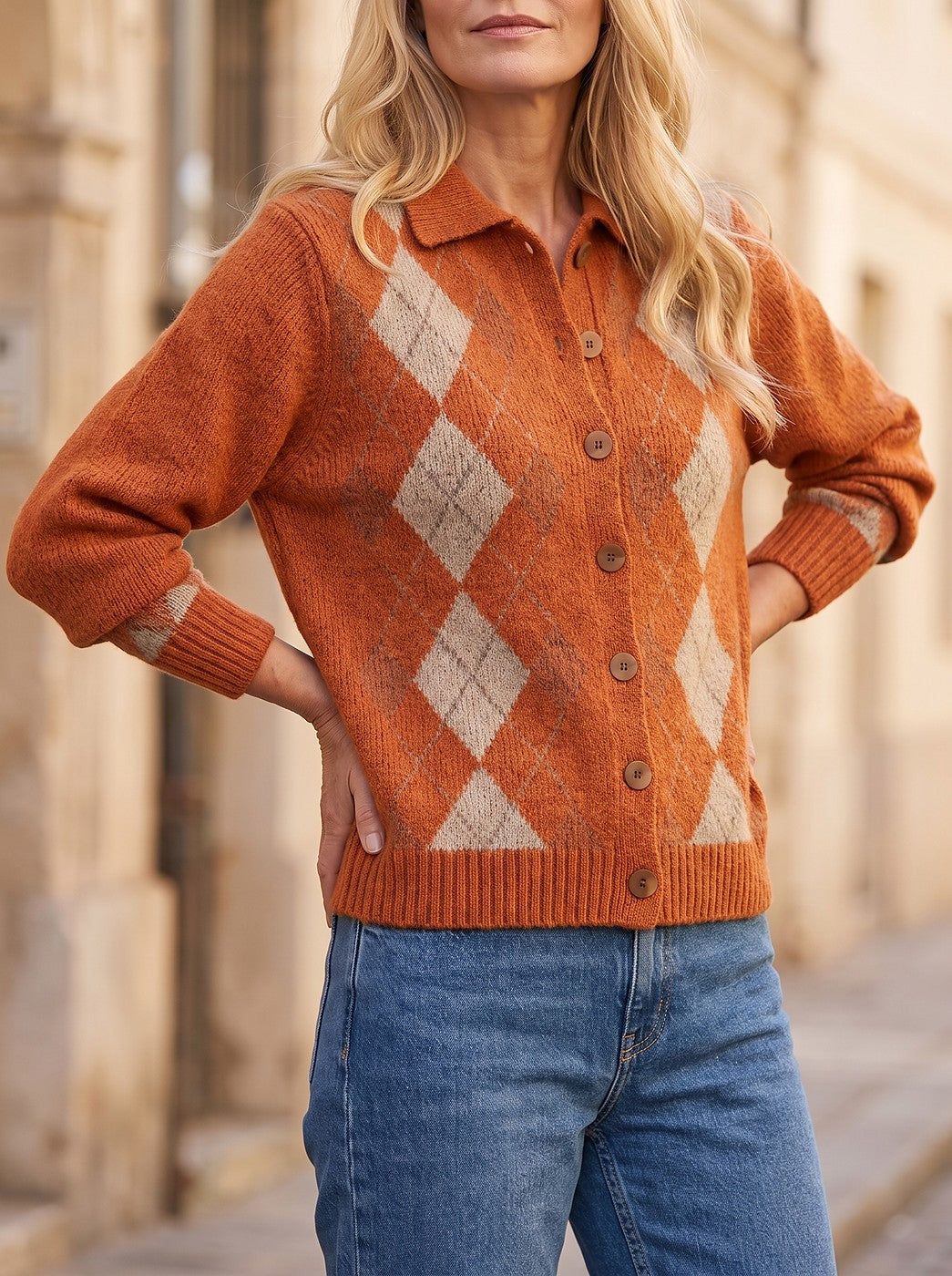Women's Argyle Shirt Collar Button Up Cardigan