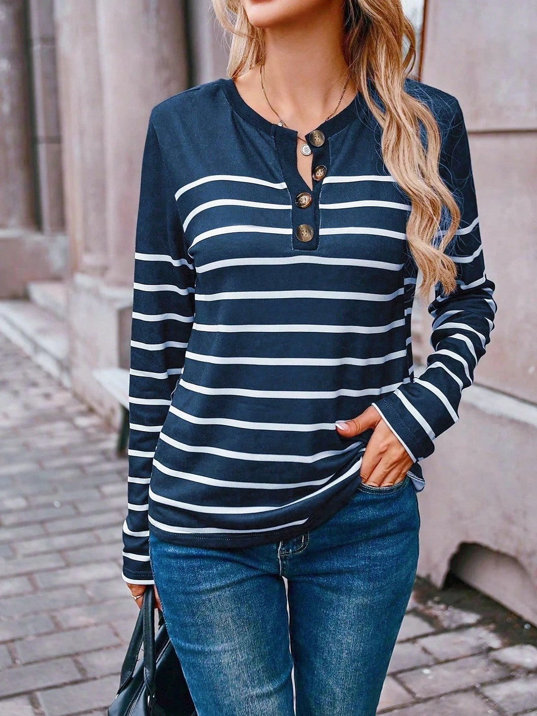 Women's Striped Henley Long Sleeve Knit Top