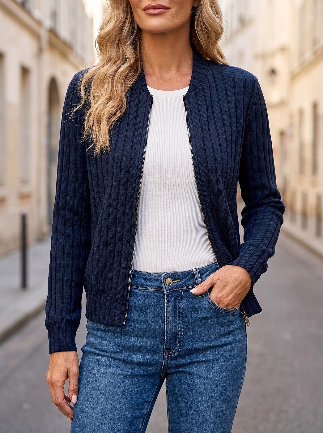 Women's Ribbed Knit Zip Up Bomber Jacket