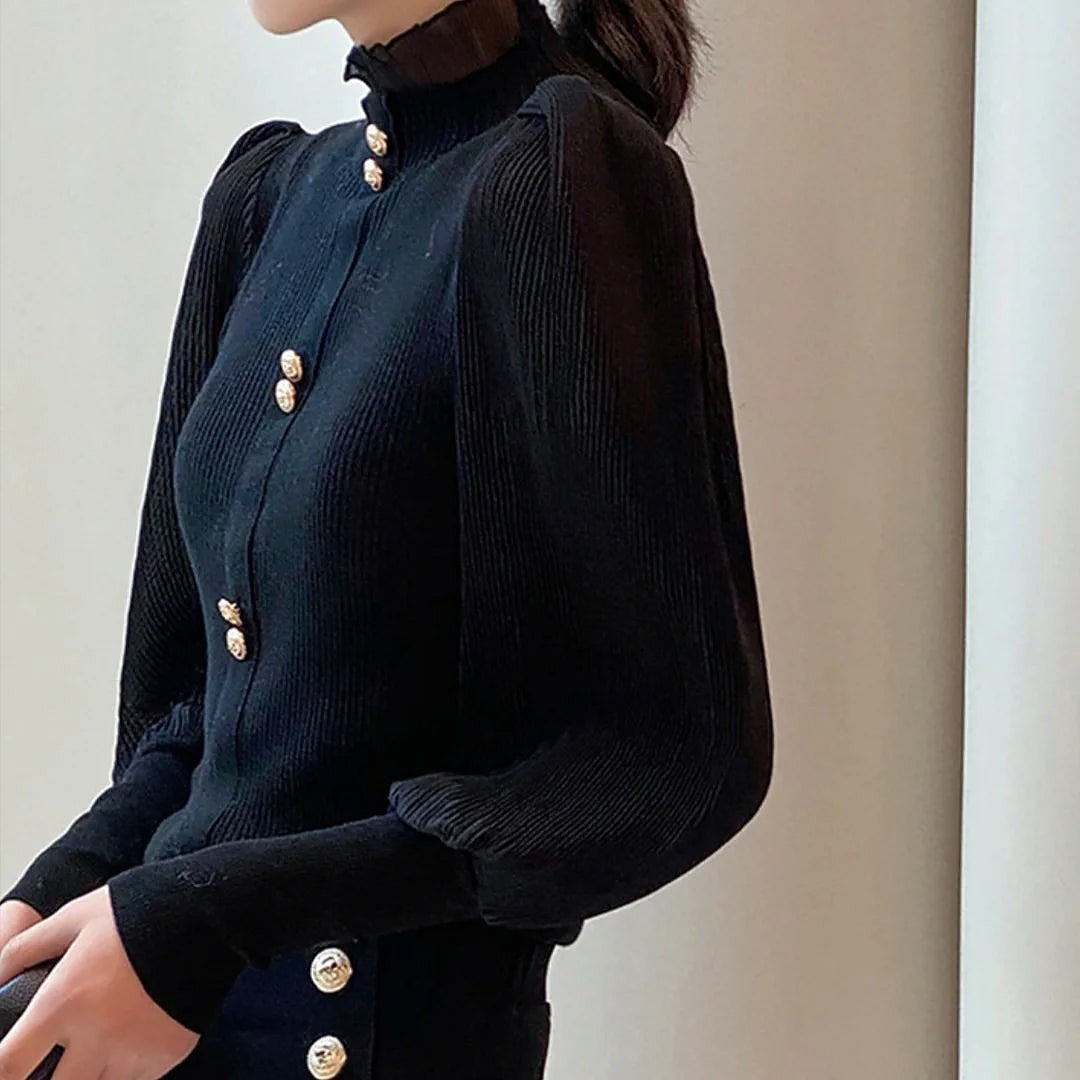 Women's Ruffle Mock Neck Pleated Sleeve Blouse