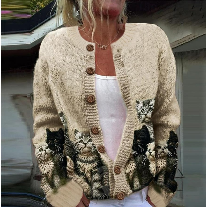 Women's Cat Print Knit Cardigan