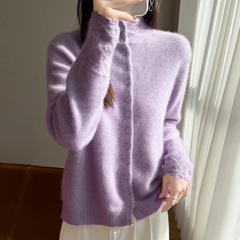 Women's Mohair Button Up Cardigan Mock Neck