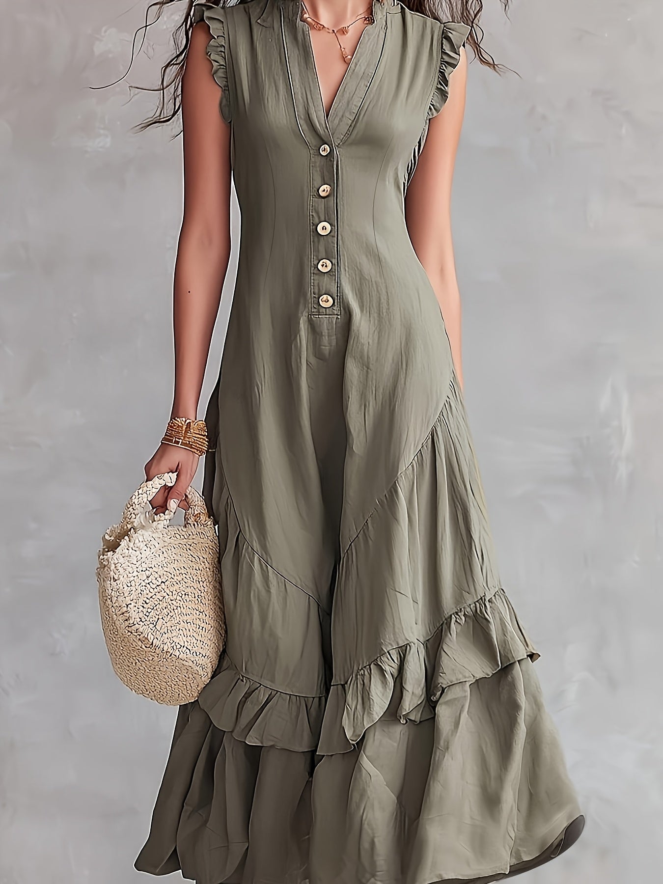 Women's V-Neck Button Front Ruffle Maxi Dress