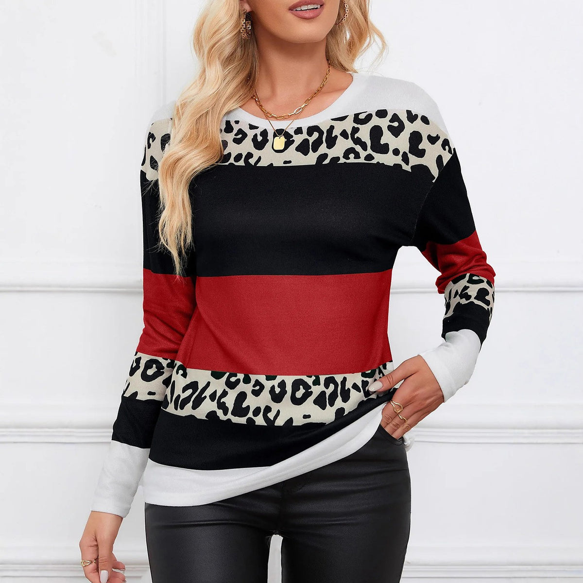 Women's Leopard Colorblock Long Sleeve Knit Top