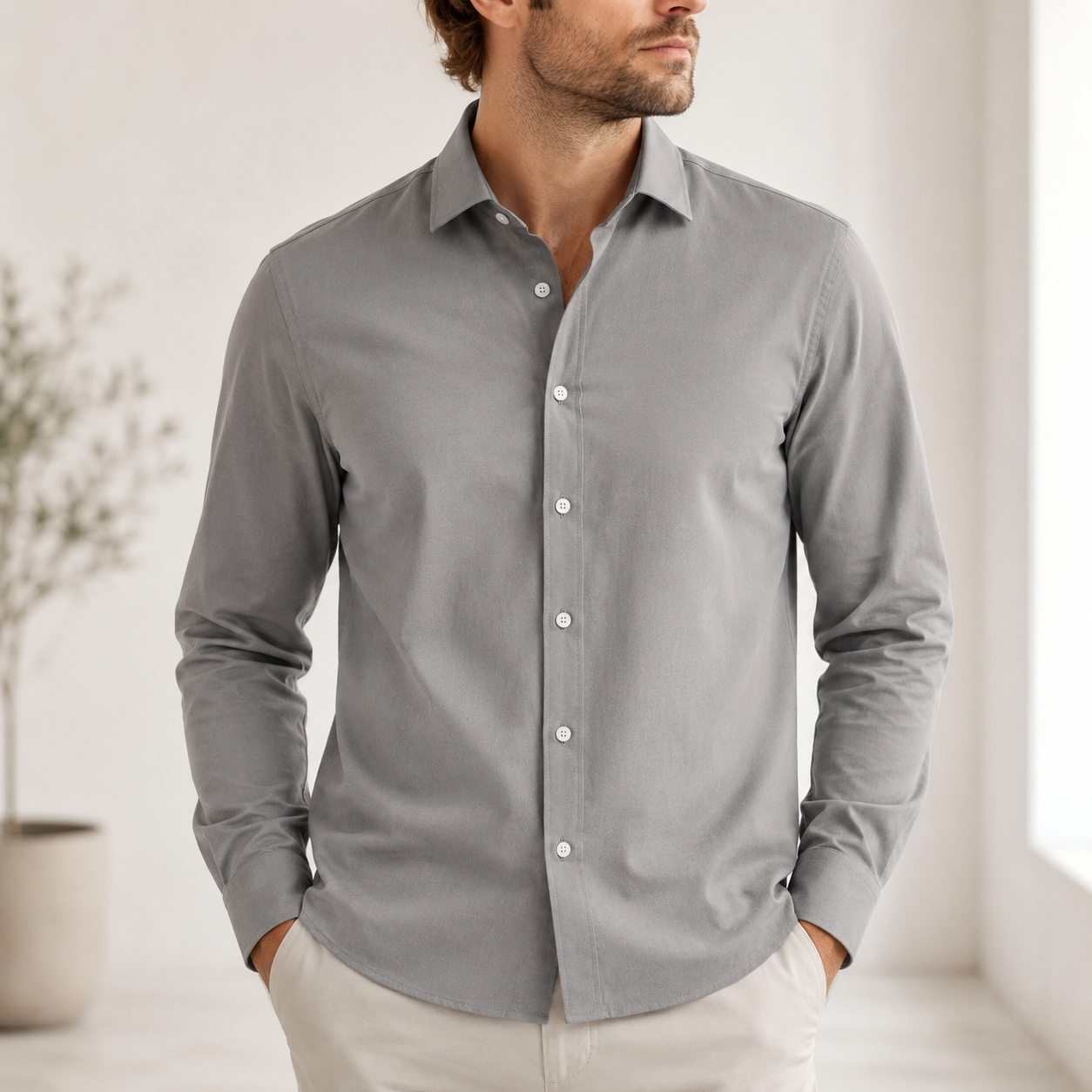 Men's Brushed Cotton Spread Collar Dress Shirt