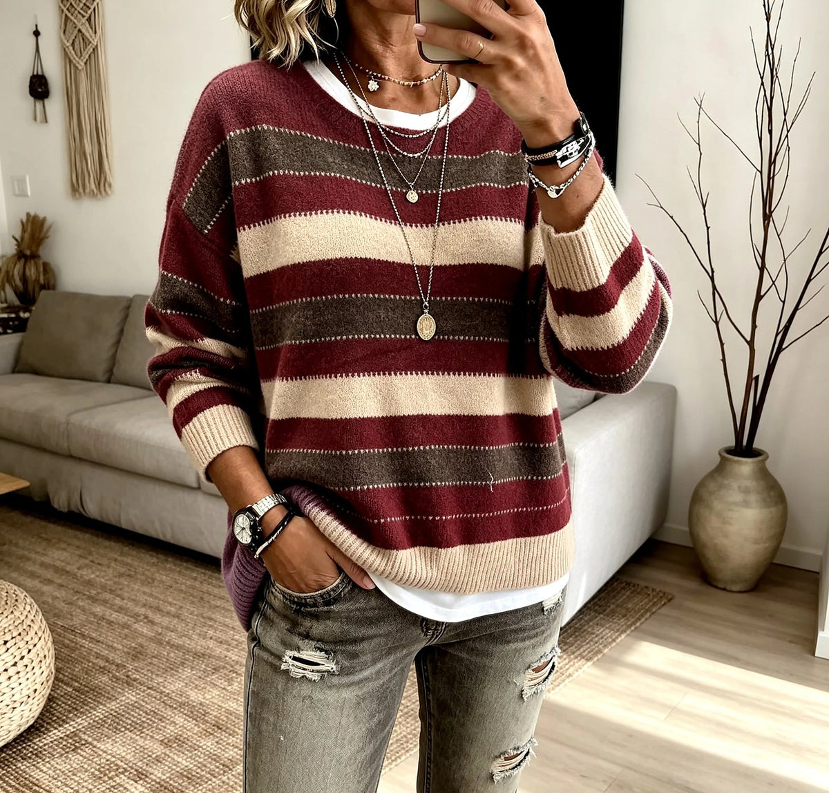 Women's Striped Jacquard Crewneck Drop Shoulder Sweater