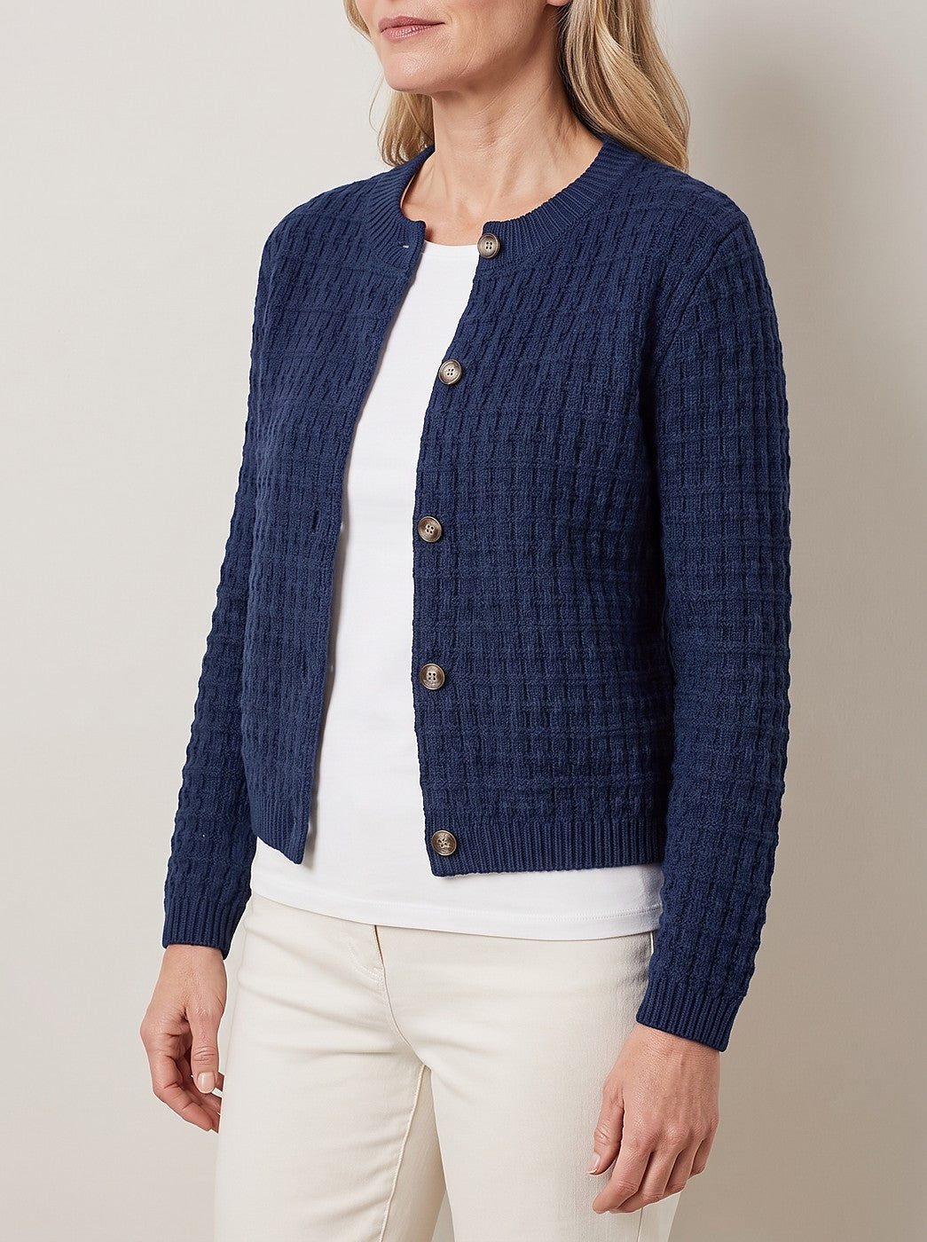 Women's Waffle Knit Cardigan with Metal Buttons