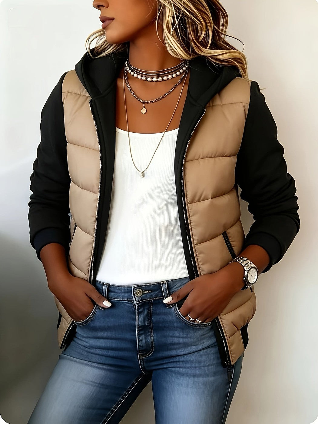 Women's Hooded Puffer Jacket Contrast Fleece Sleeves