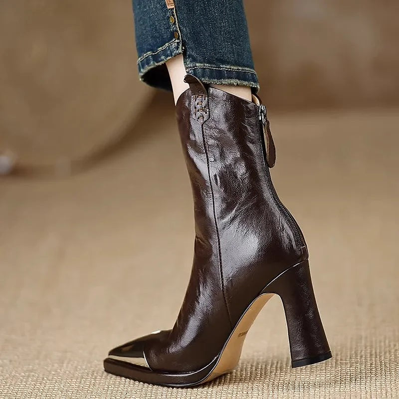 Women's Metal Toe Cap Flare Heel Booties