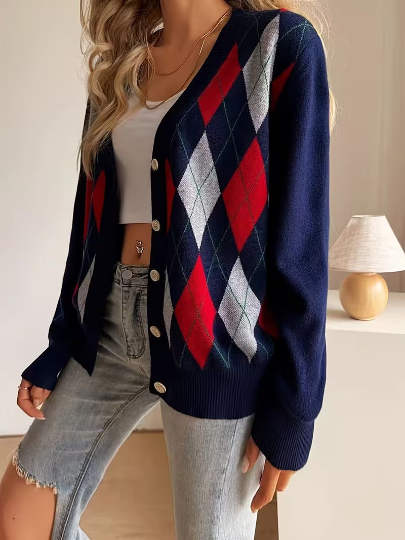 Women's Preppy Argyle Crewneck Cardigan