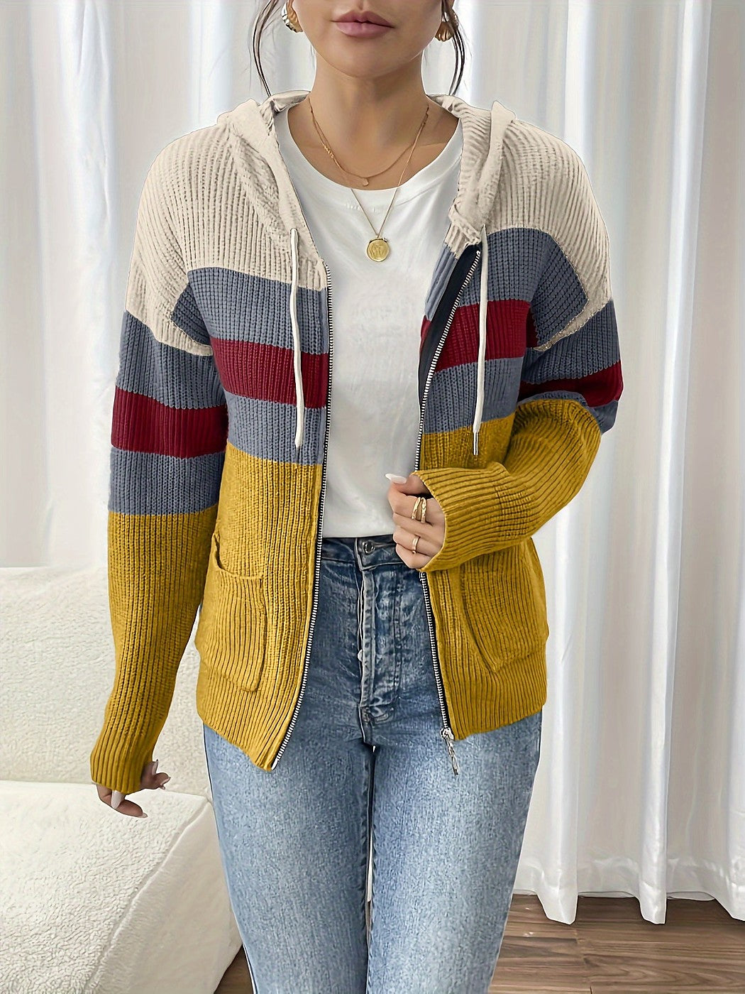 Women's Hooded Zip Up Knit Cardigan Jacket