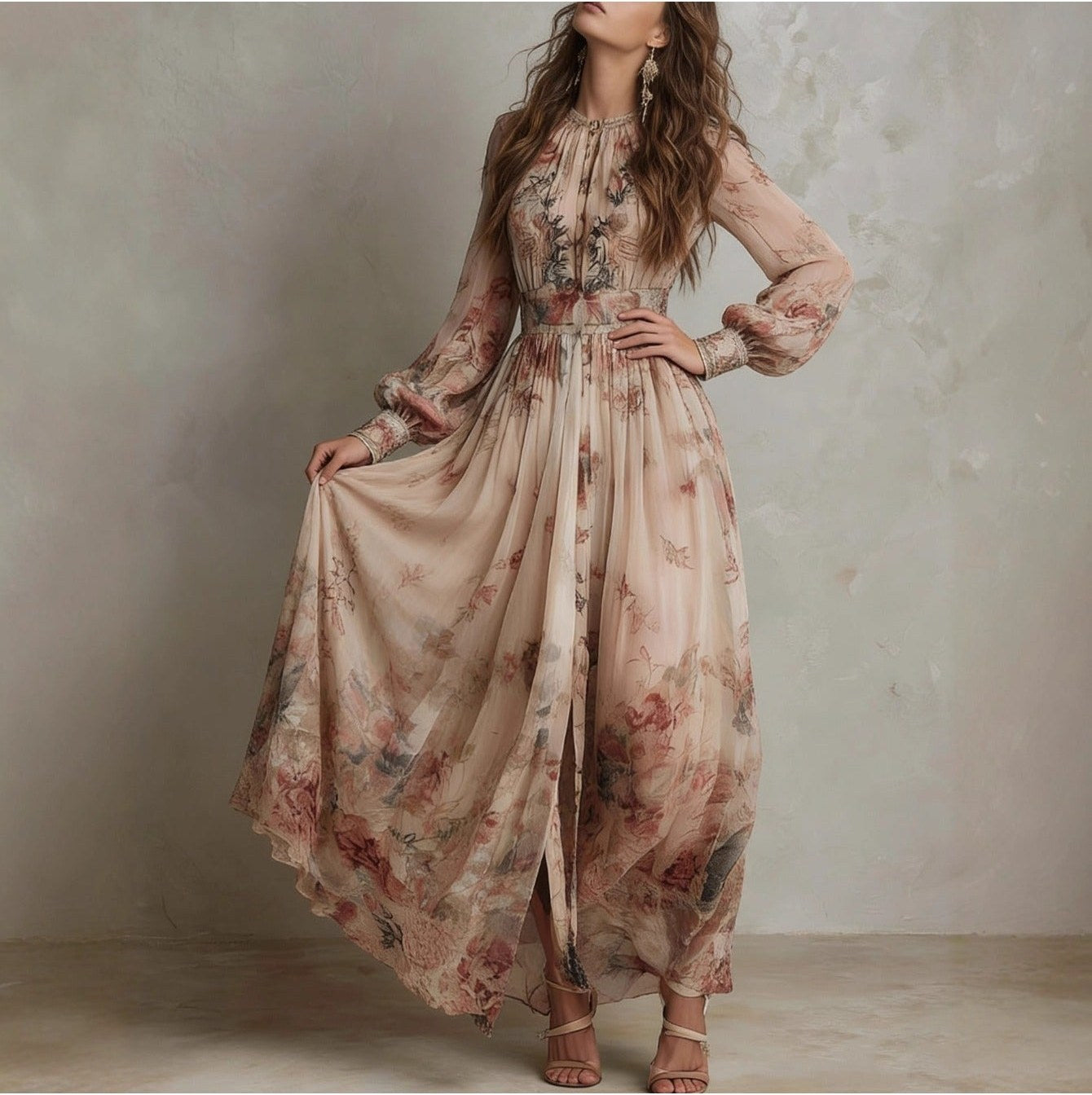 Women's Vintage Neckline Evening Dress with Smocking