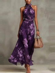 Women's Draped Midi Dress in Purple Floral