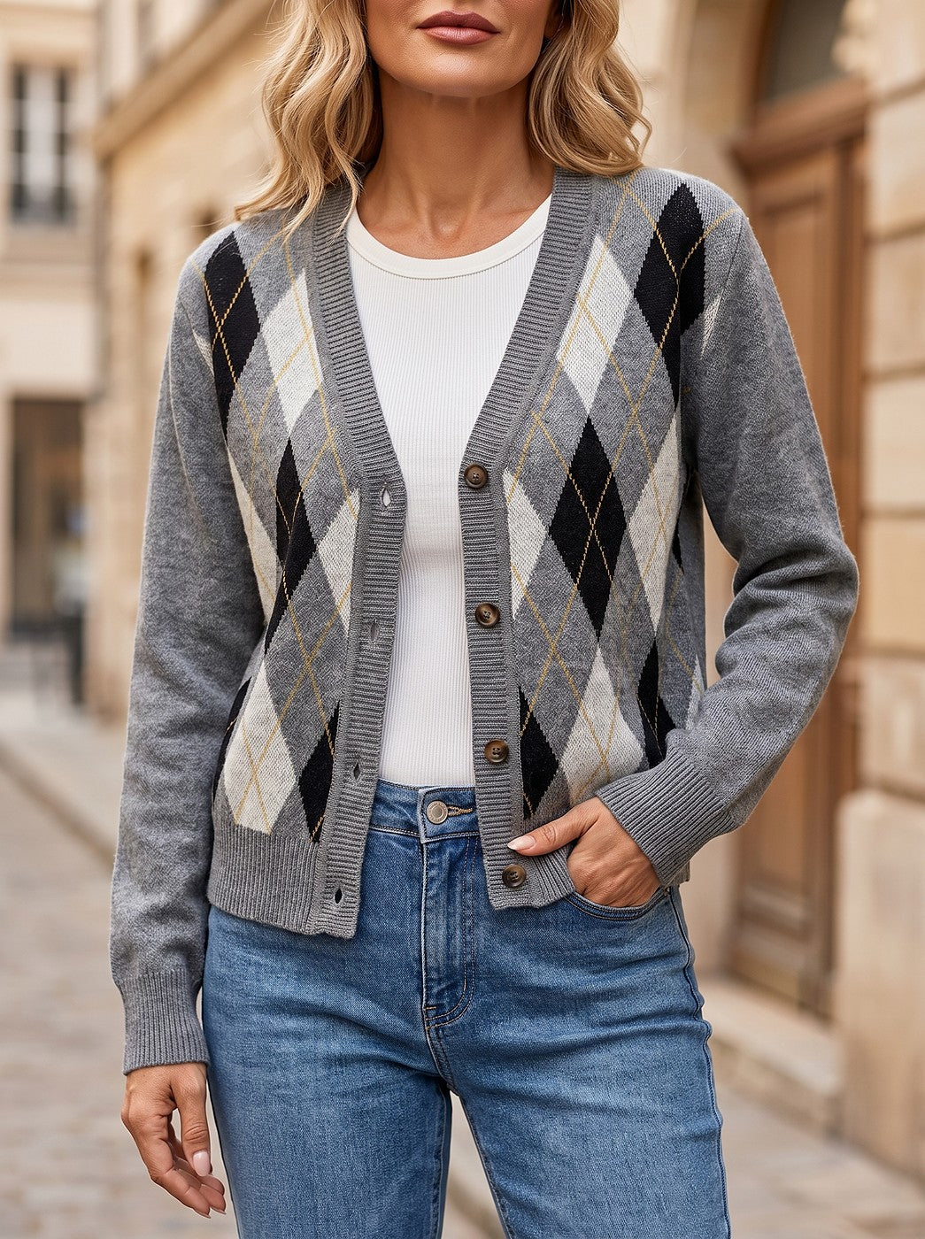 Women's Two Tone Argyle Fall Cardigan