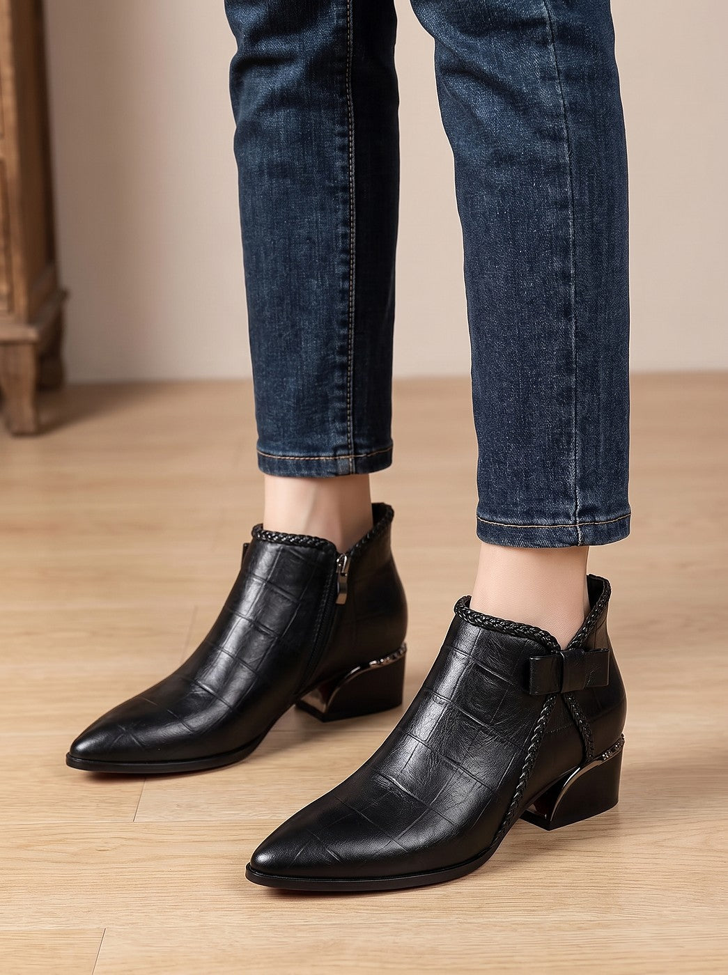 Women's Braided Trim Pointed Toe Booties