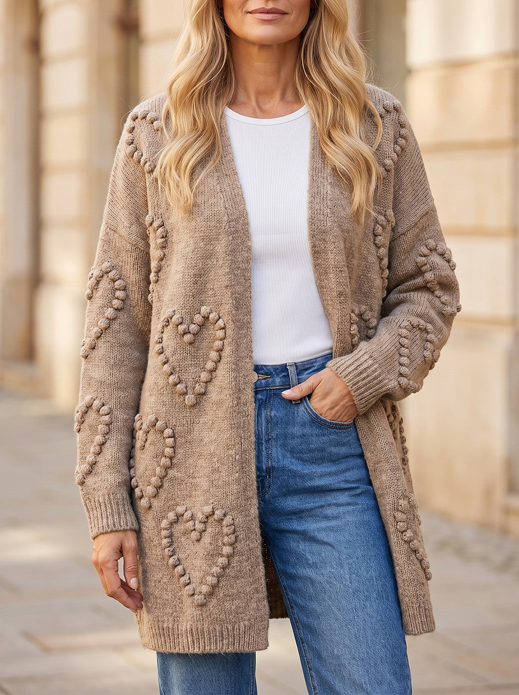 Women's Heart Texture Longline Open Cardigan