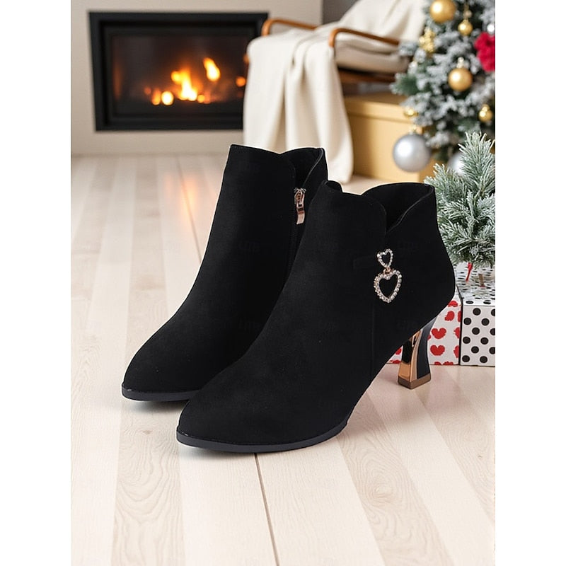 Women's Rhinestone Heart Kitten Heel Booties