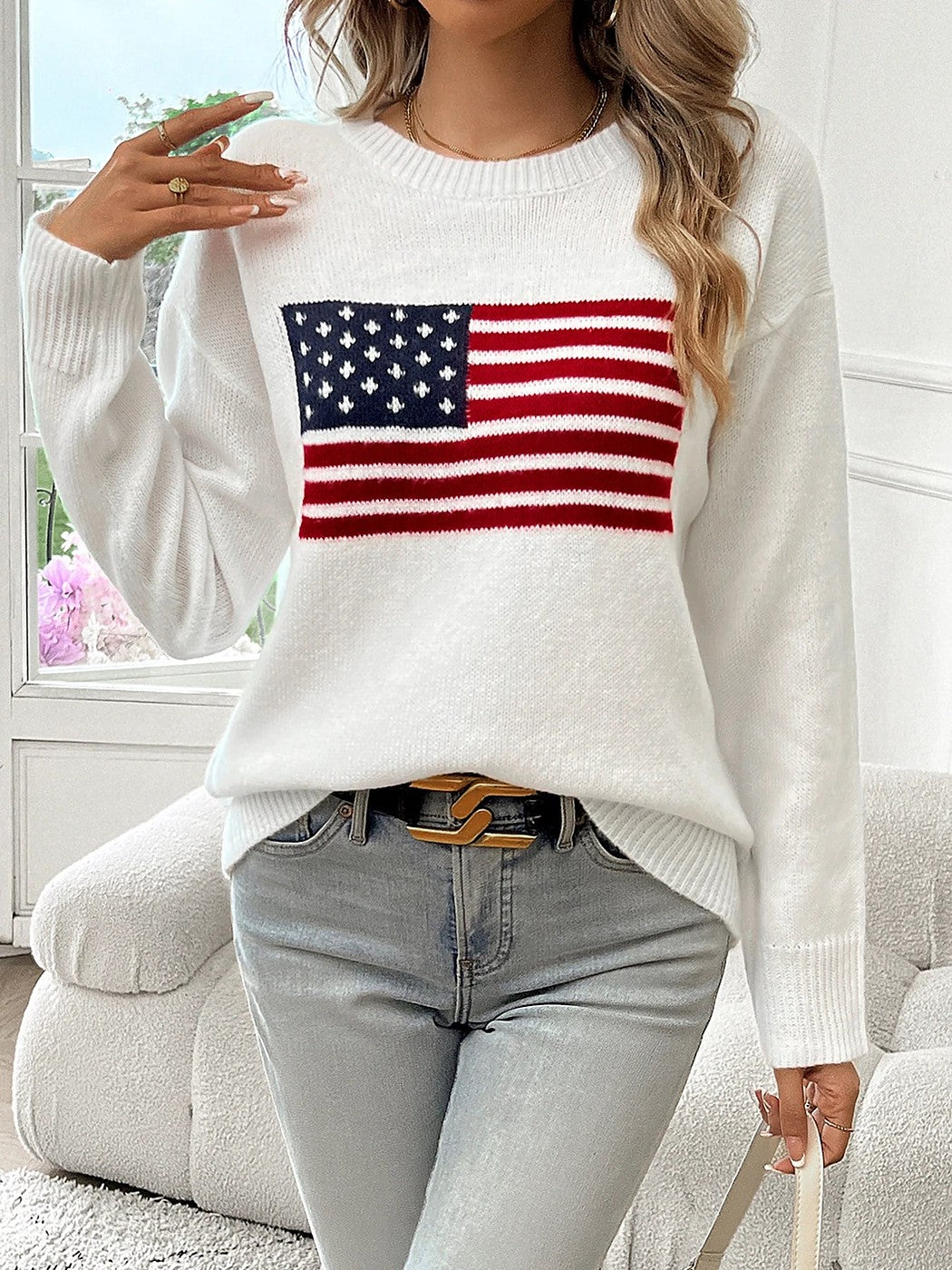 Women's American Flag Crewneck Pullover Sweater