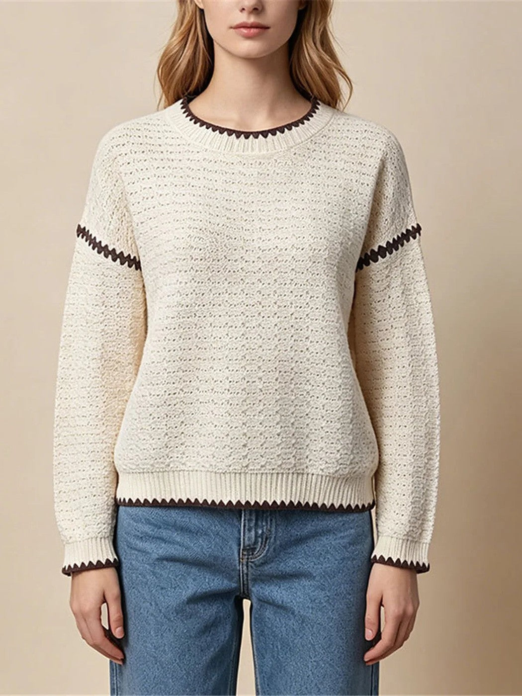 Women's Chevron Trim Open Knit Crewneck Sweater