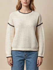 Women's Chevron Trim Open Knit Crewneck Sweater