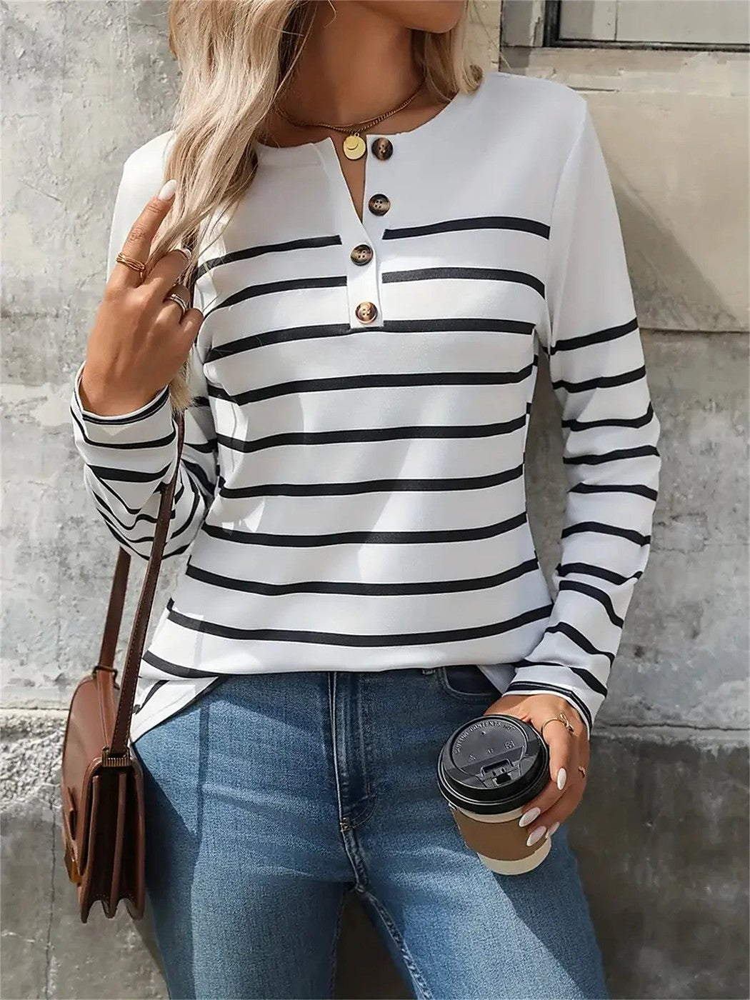 Women's Striped Henley Long Sleeve Knit Top