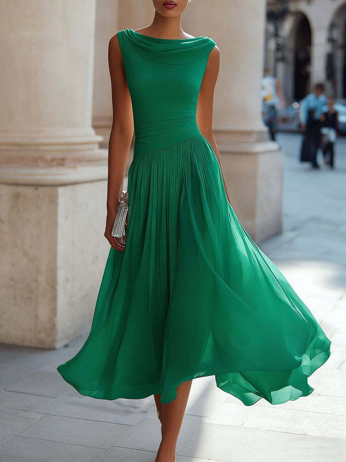 Women's Cowl Neck Pleated Flowy Midi Dress