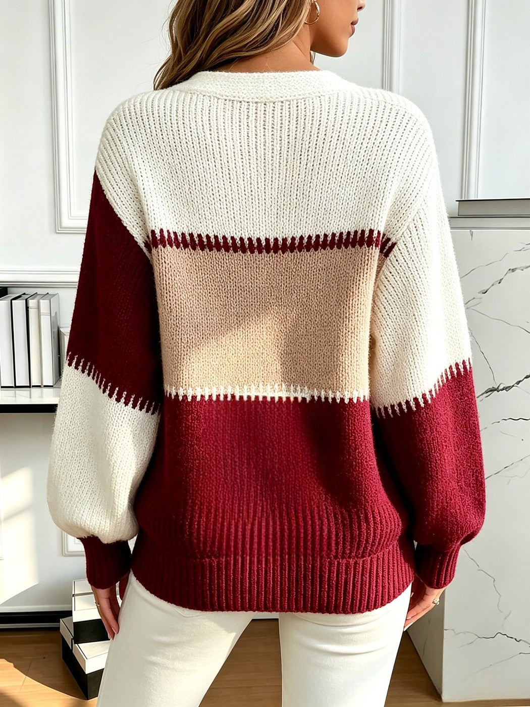 Women's Color Block Ribbed Puff Sleeve Cardigan