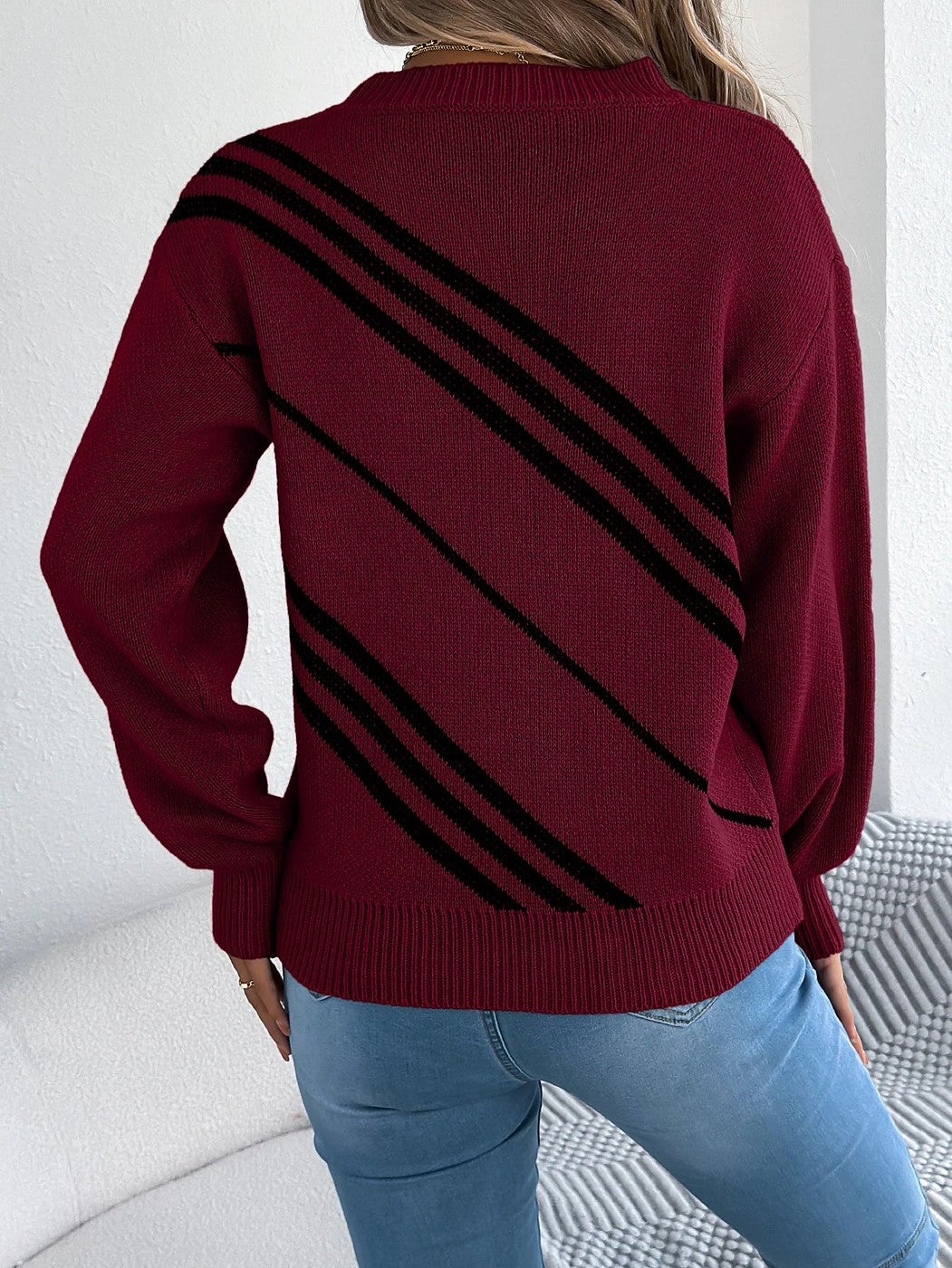 Women's Diagonal Stripe Balloon Sleeve Sweater