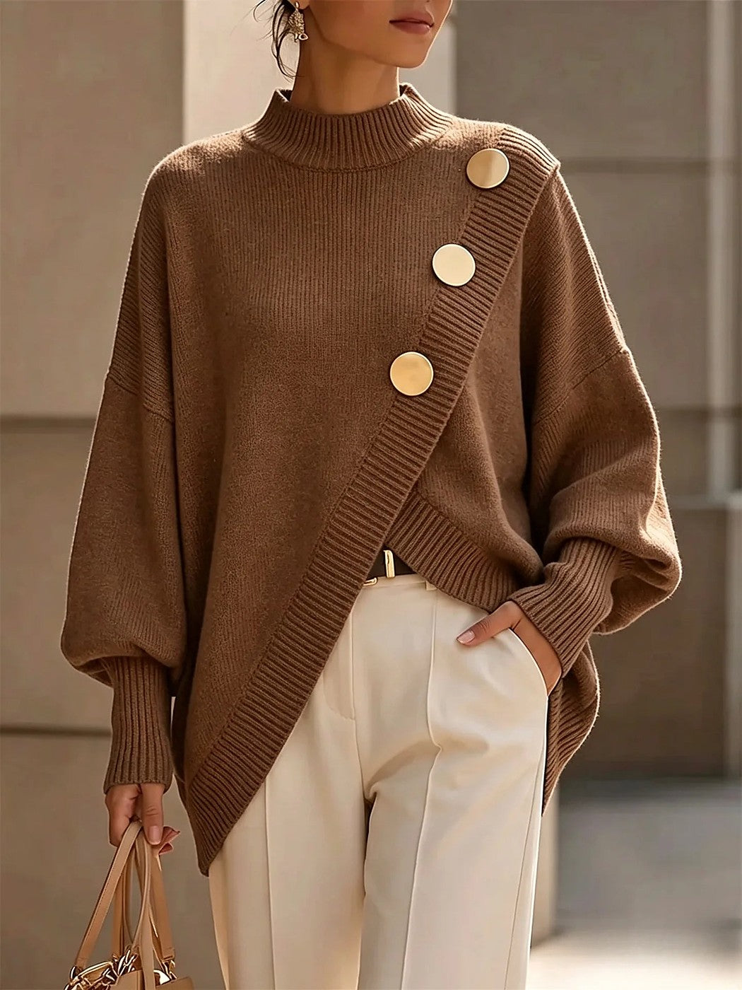 Women's Oversized Mock Neck Asymmetric Hem Sweater
