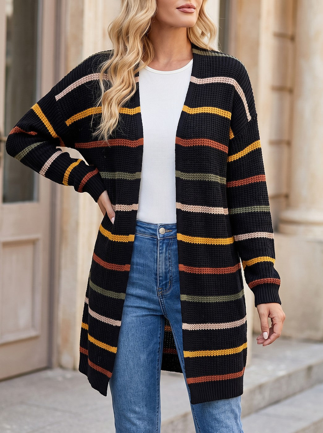 Women's Multi Stripe Open Front Longline Cardigan