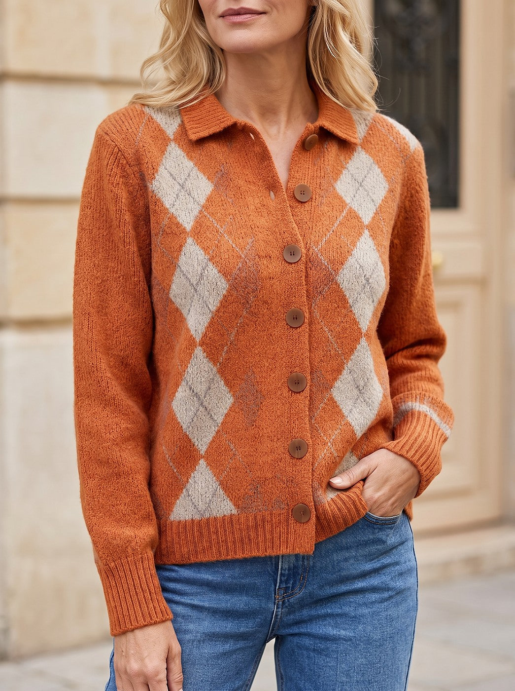 Women's Argyle Shirt Collar Button Up Cardigan