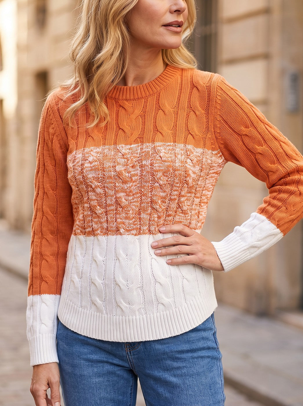 Women's Ombre Cable Knit Crewneck Pullover