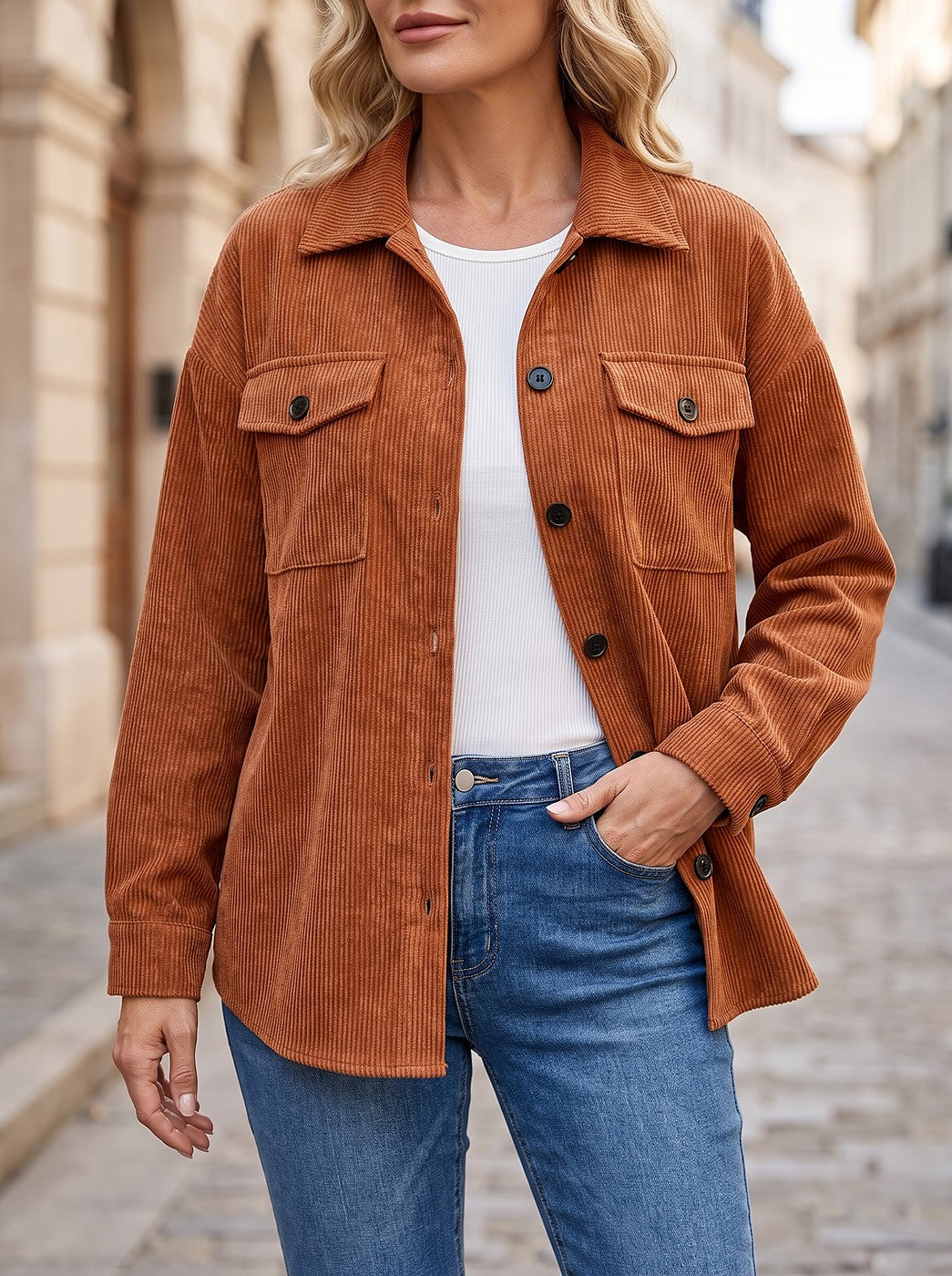 Women's Corduroy Shirt Jacket with Chest Pockets