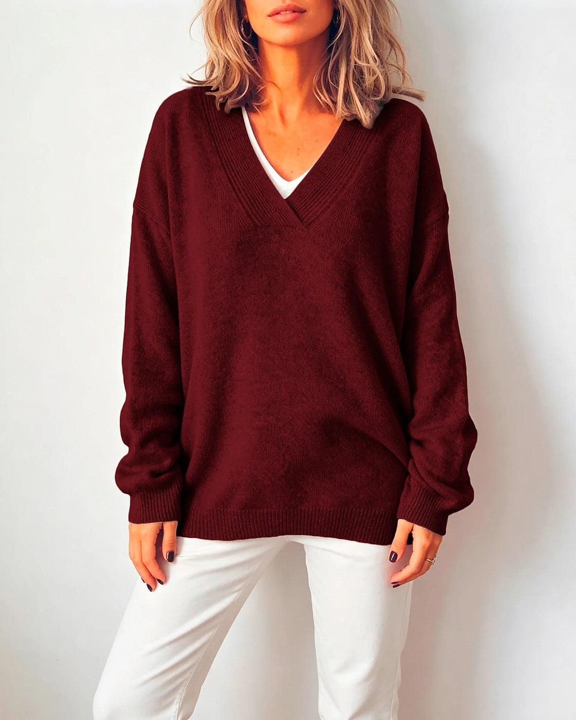 Women's Oversized Drop Shoulder Deep V Sweater