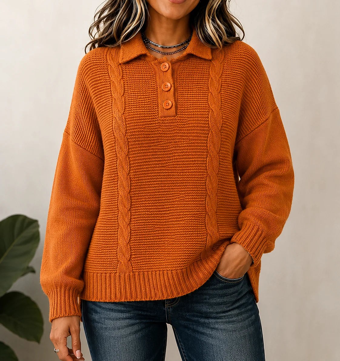 Women's Cable Knit Johnny Collar Polo Sweater