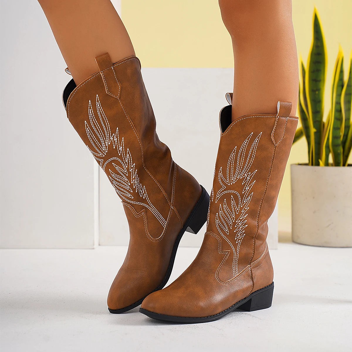 Women's Denim Cowboy Boots Pull Tabs