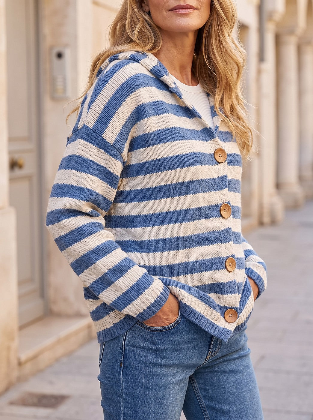 Women's Striped Hooded Button Front Longline Cardigan