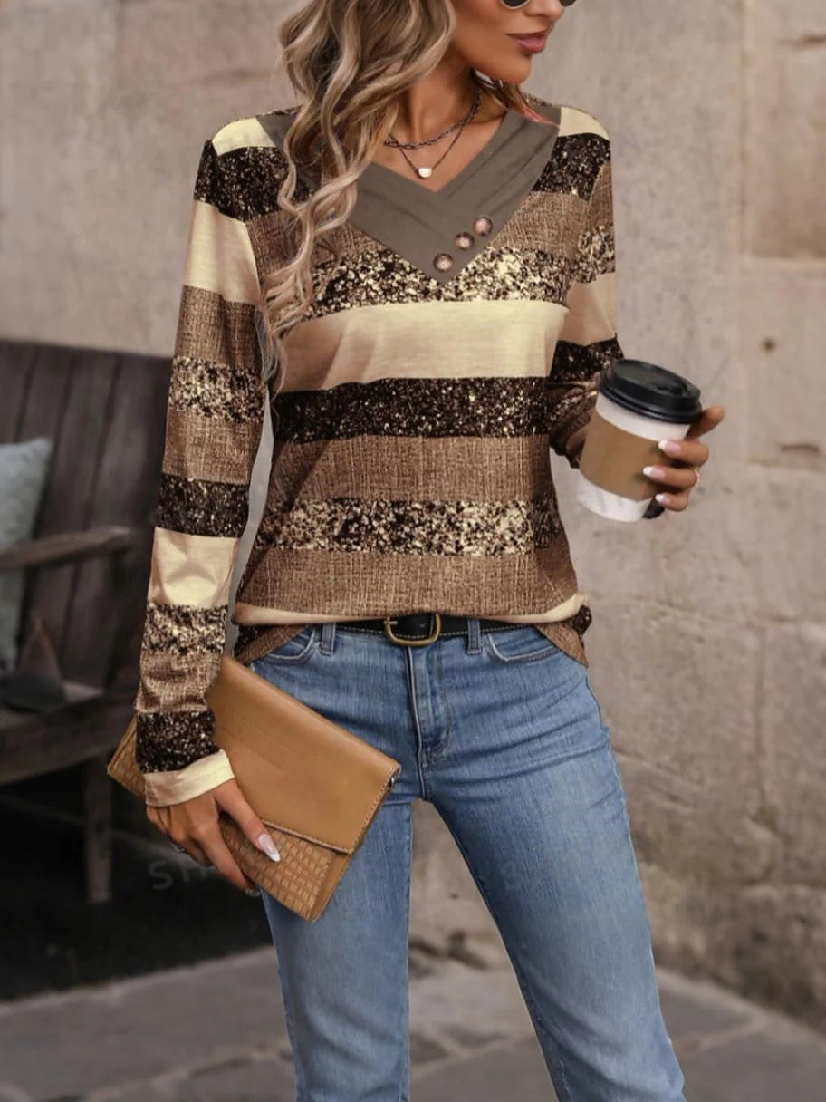 Women's Sequin Stripe Collared Knit Top
